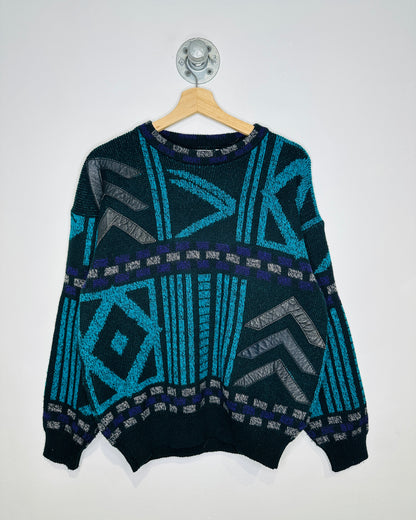 Vintage 1980s K. Cosa Acrylic And Leather Geometric Patterned Sweater
