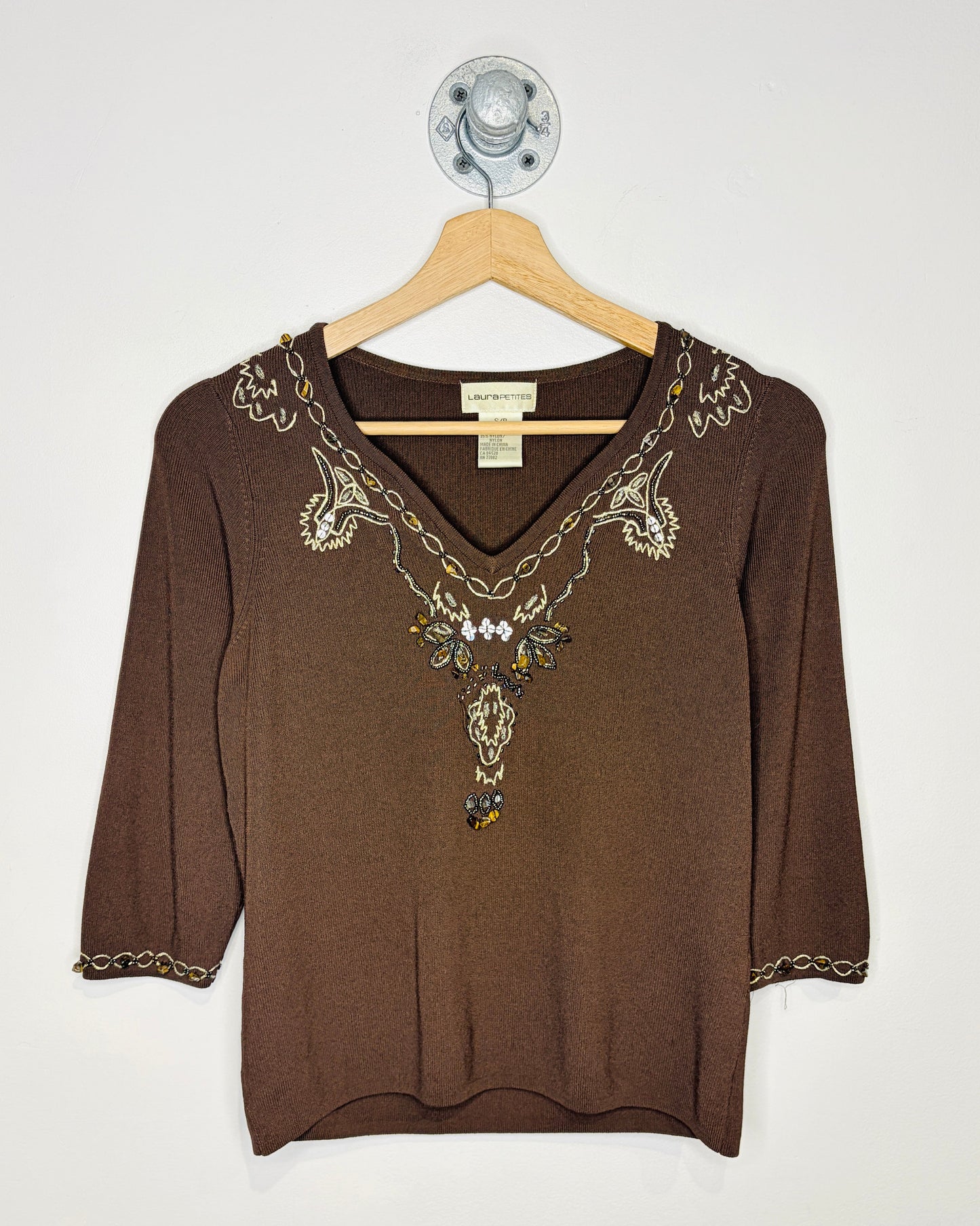 Laura Petites Beaded Brown V Neck Rayon And Nylon Shirt