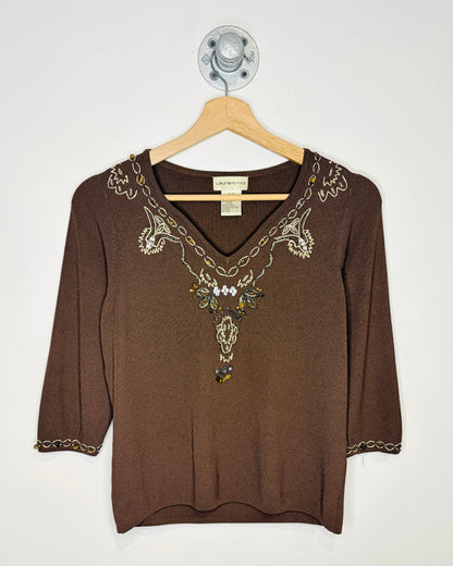 Laura Petites Beaded Brown V Neck Rayon And Nylon Shirt