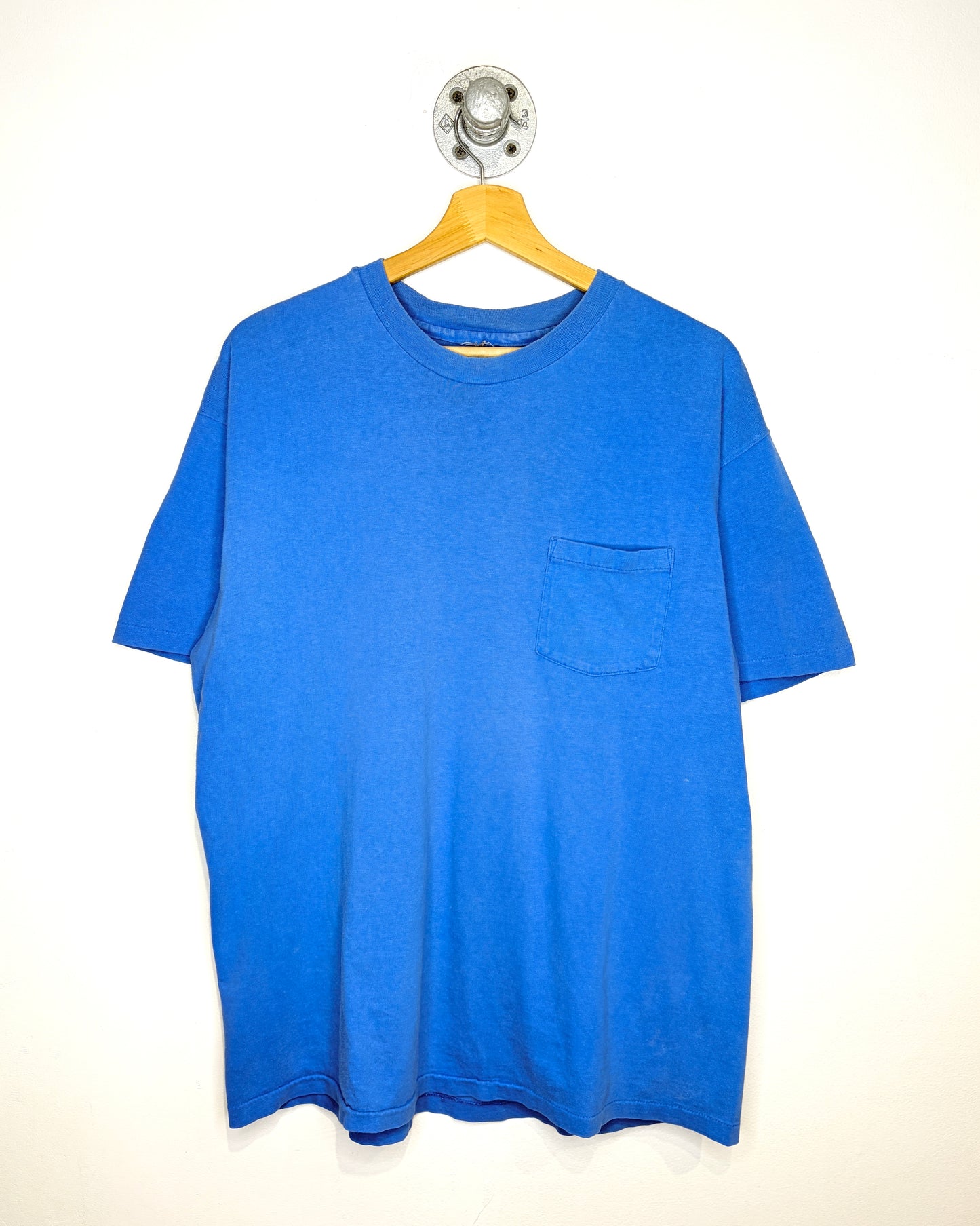 Vintage 90s Blank Sun Faded Royal Blue Pocket Tee Shirt