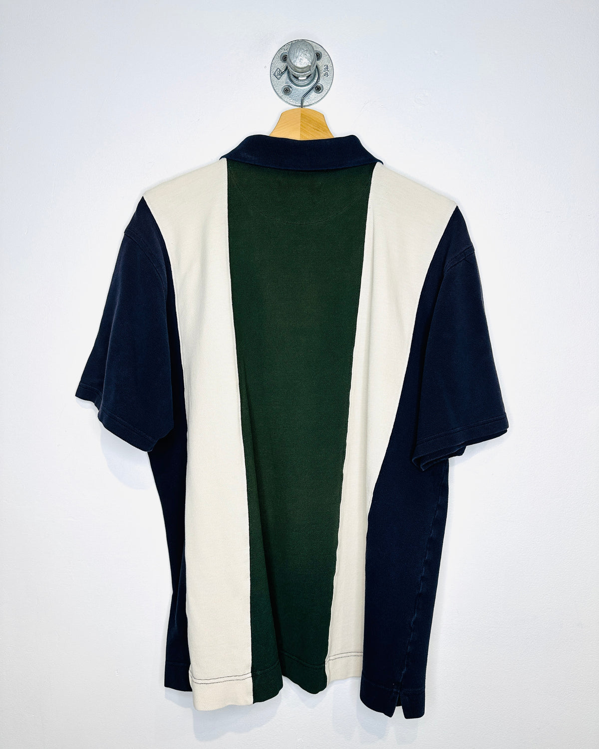 Vintage Early 2000s Quickreflex Green And Navy Vertical Striped Polo Shirt