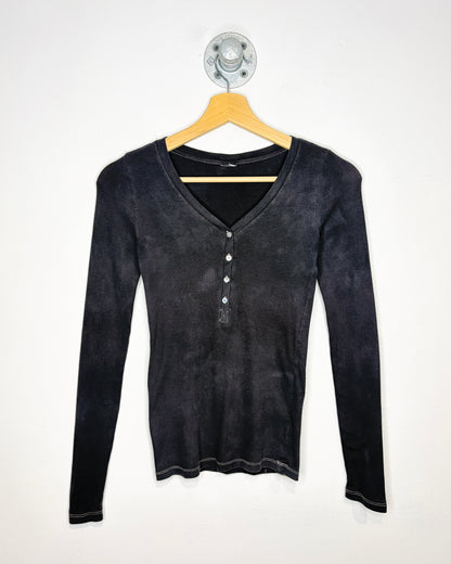 Women’s Blank Faded Charcoal Grey Ribbed Henley Longsleeve Shirt