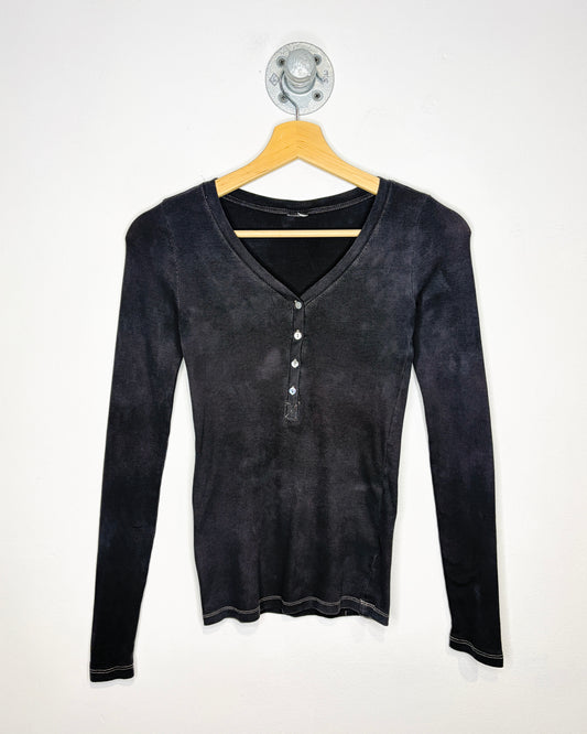 Women’s Blank Faded Charcoal Grey Ribbed Henley Longsleeve Shirt