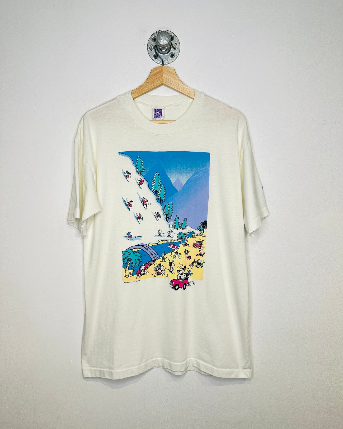 Vintage 1980s Ski And Surf Graphic White Tee Shirt