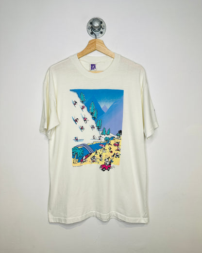 Vintage 1980s Ski And Surf Graphic White Tee Shirt