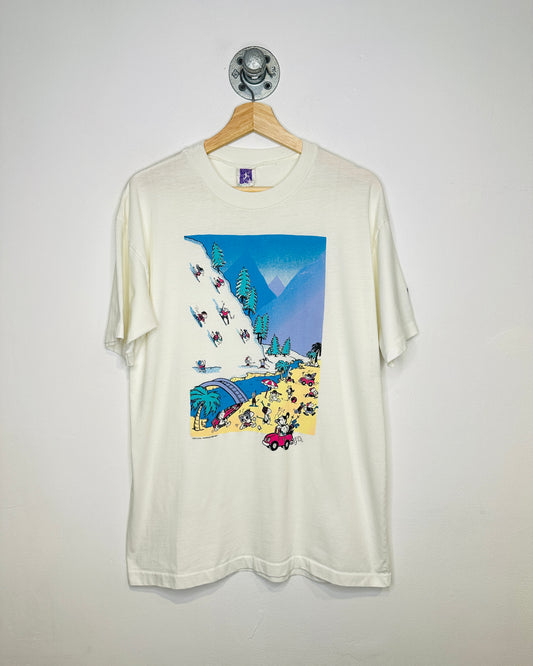 Vintage 1980s Ski And Surf Graphic White Tee Shirt