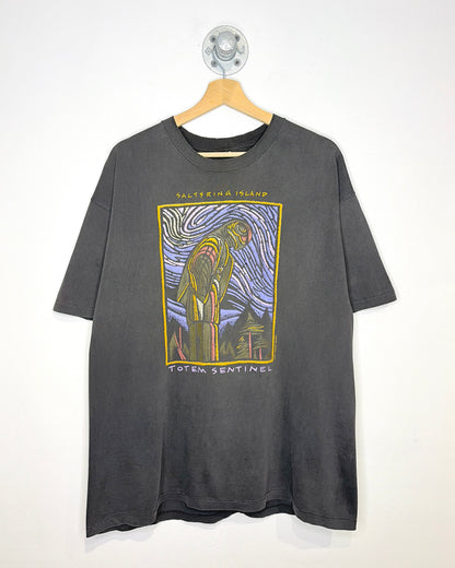 Vintage 90s Saltspring Island Totem Sentinel Faded Black Tee Shirt