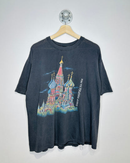 Vintage Russian Alphabet Faded Black Paper Thin Tee Shirt