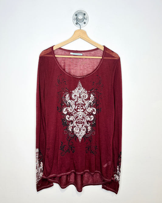 Y2K Women’s Embellished Affliction Style Red Longsleeve Shirt