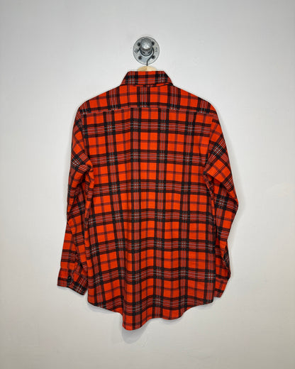 Vintage 1980s Sears Wearmaster Faded Red And Black Plaid Two Pocket Long Sleeve Shirt
