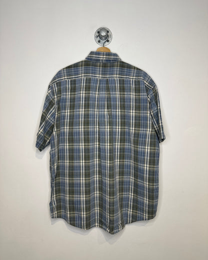 2000s American Eagle Outfitters Short Sleeve Blue And Green Tartan Plaid Short Sleeve Button Down Shirt