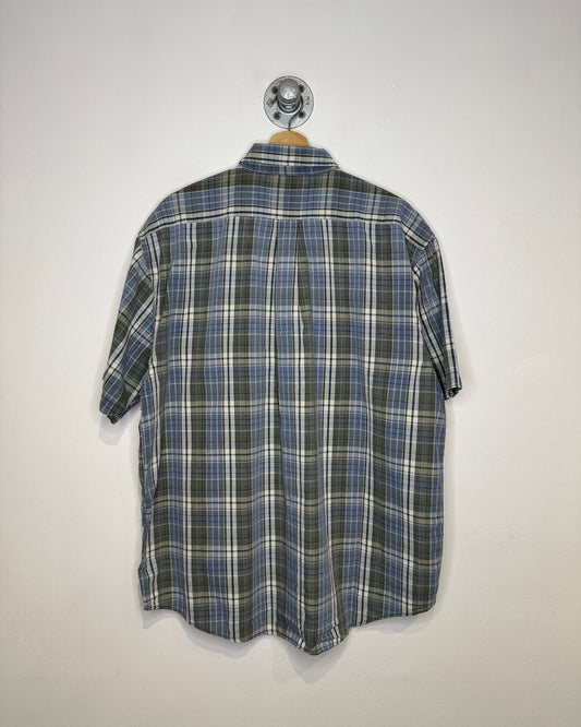2000s American Eagle Outfitters Short Sleeve Blue And Green Tartan Plaid Short Sleeve Button Down Shirt