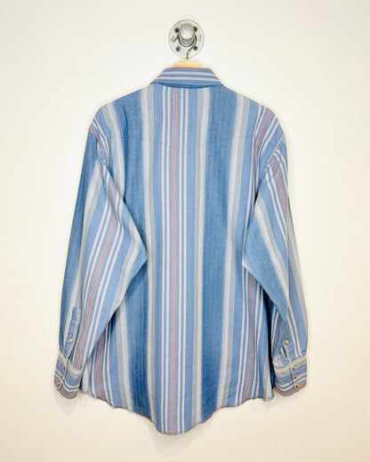 Vintage 80s/90s Wrangler Blue Striped Pearl Snap Button Up Shirt