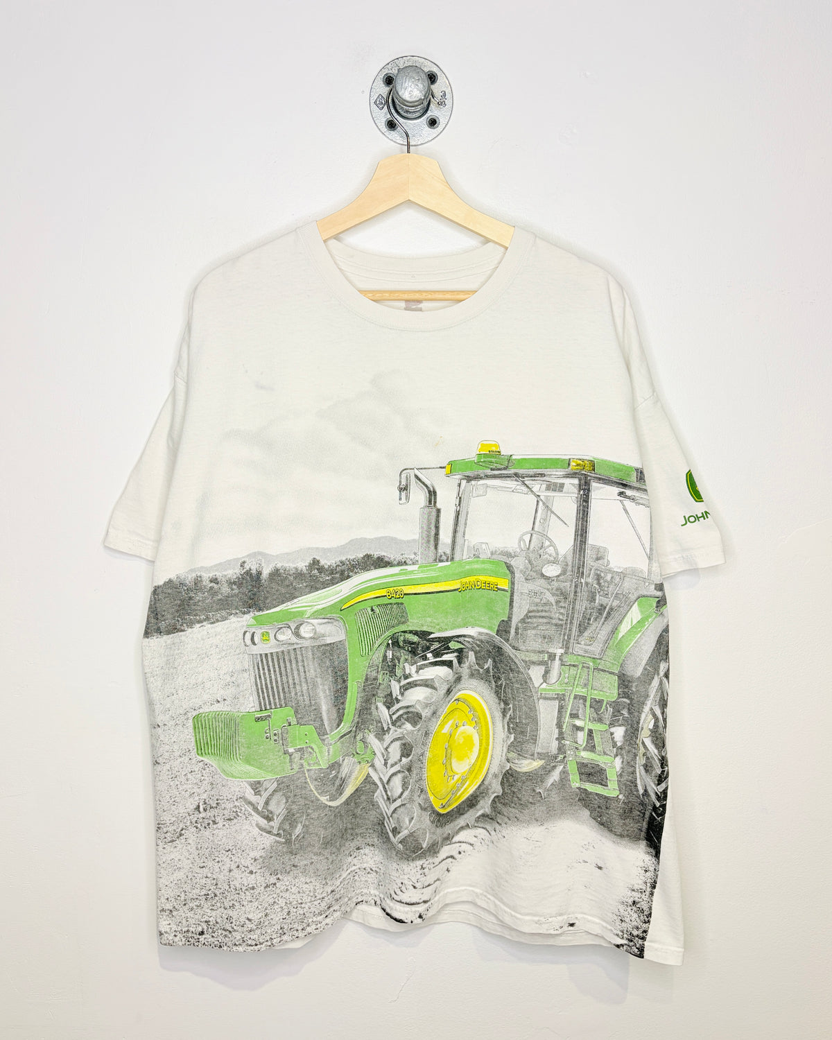 Vintage 2000s John Deere All-Over-Print Tractor White Tee Shirt