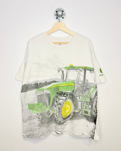 Vintage 2000s John Deere All-Over-Print Tractor White Tee Shirt