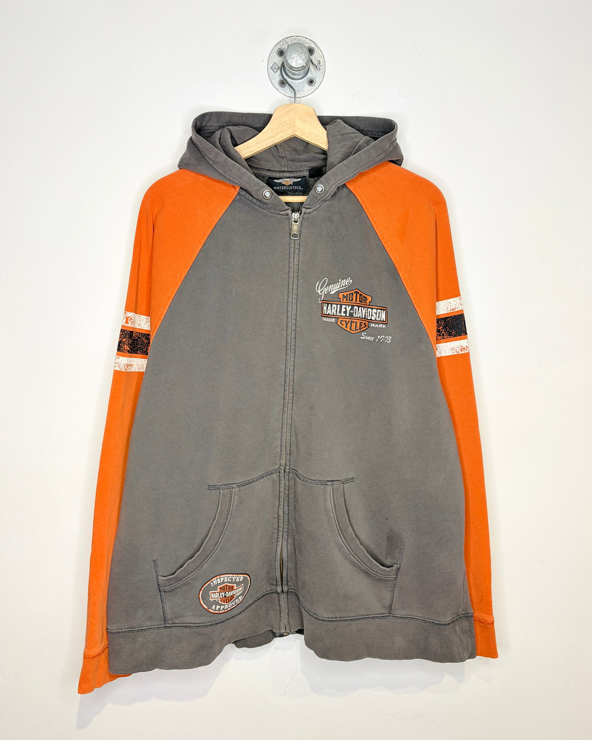 2000s Harley Davidson TwoTone Grey & Orange Zip Up Hoodie