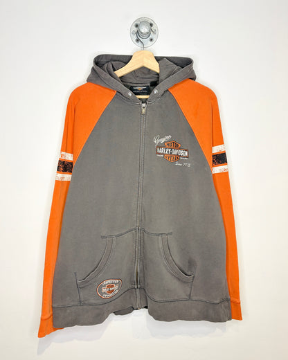 2000s Harley Davidson TwoTone Grey & Orange Zip Up Hoodie
