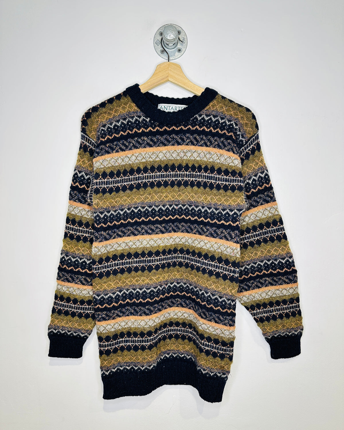 Vintage 1980s Antartex Navy And Olive Pure Wool British Sweater