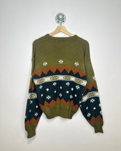 Vintage 1980s Olive And Orange Aztec Print 100% Acrylic Sweater
