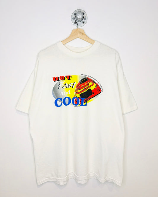 Vintage 90s Hot Fast And Cool White Racing Tee Shirt