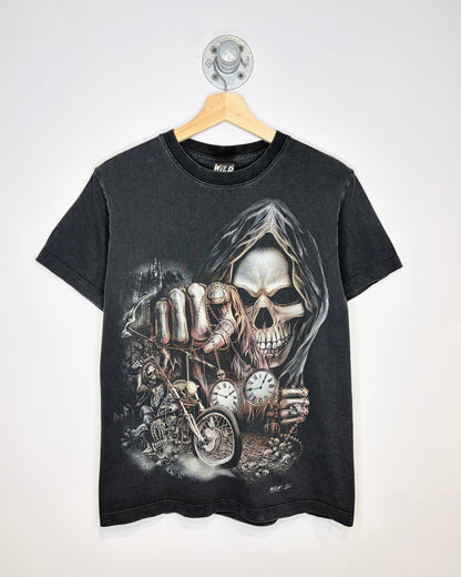 Vintage Y2K Grim Reaper Bike Riders Faded Black Tee Shirt