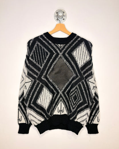 Vintage 90s Campus Black Abstract Pattern Sweater