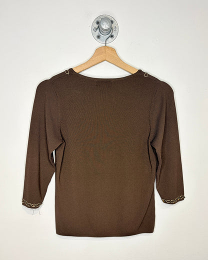 Laura Petites Beaded Brown V Neck Rayon And Nylon Shirt