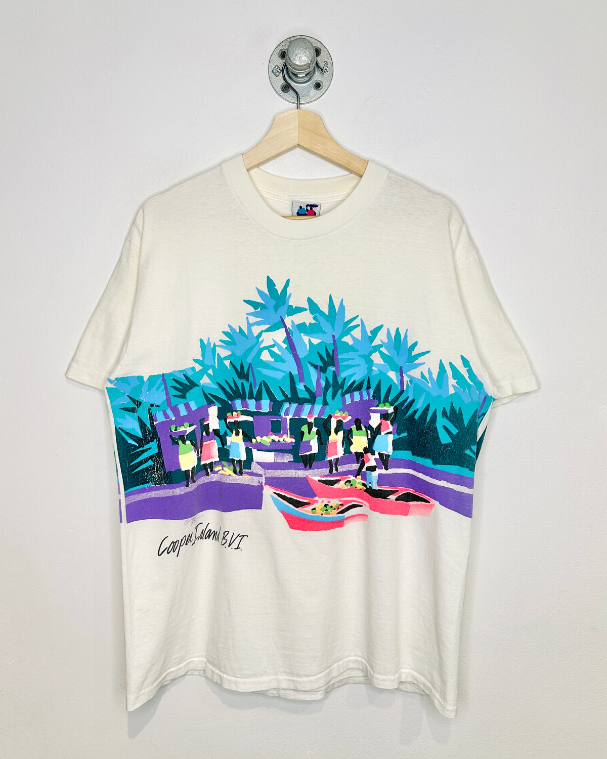 Vintage Cooper Island Wrap Around Graphic White Tee Shirt
