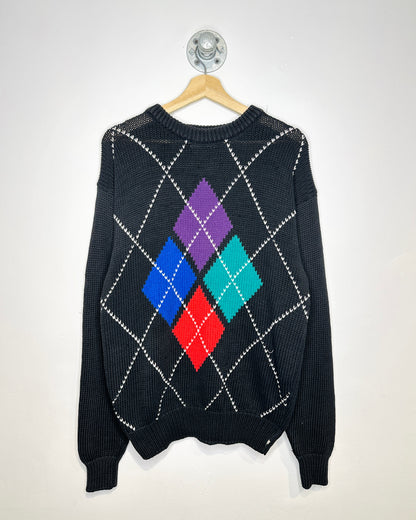 Vintage 90s Cricketeer Black Argyle Print Knit Sweater