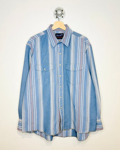 Vintage 80s/90s Wrangler Blue Striped Pearl Snap Button Up Shirt