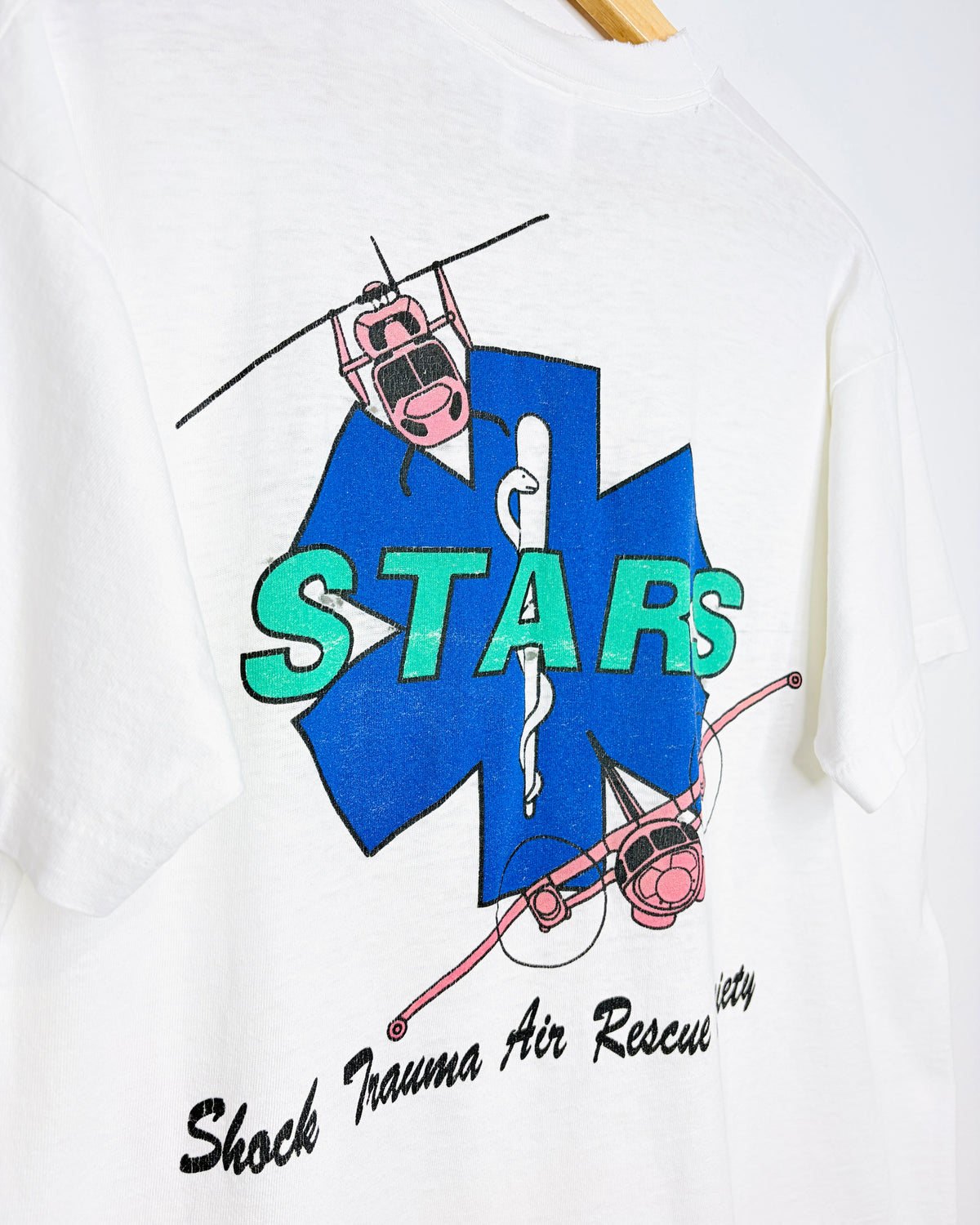 Vintage 90s Stars Flight For Life Distressed White Tee Shirt