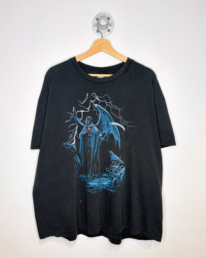 Vintage Y2K Grim Reaper Print Black Tee Shirt