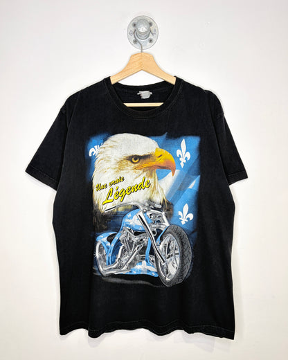Vintage 1990s French Bald Eagle And Motorcycle Black Tee Shirt