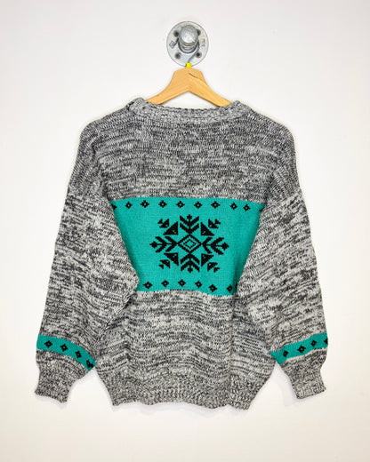 Vintage 1990s Mister Noah Grey And Green Snowflake Print Acrylic Sweater