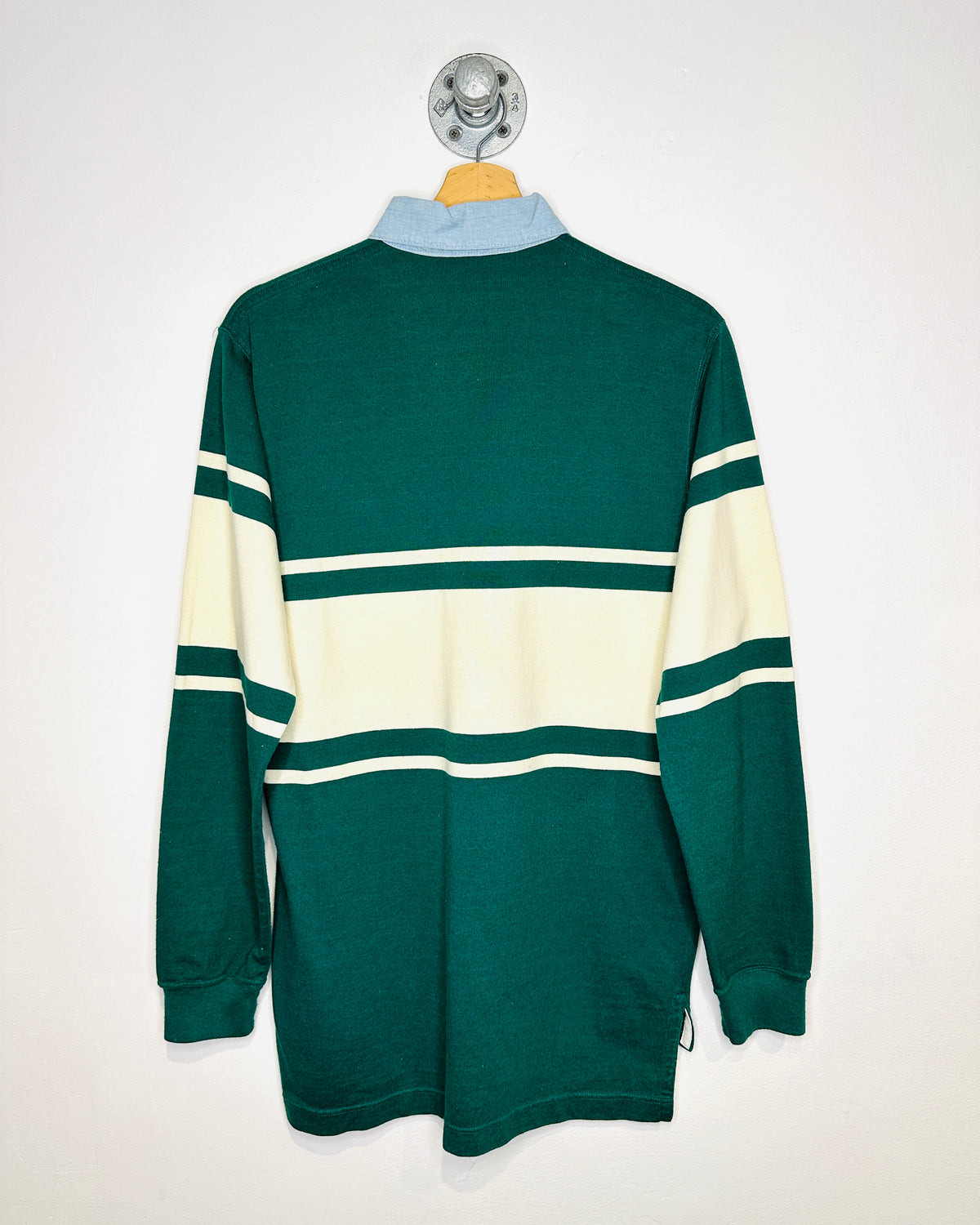 Vintage 1990s Denim Collared Green And Cream Long Sleeve Polo Shirt