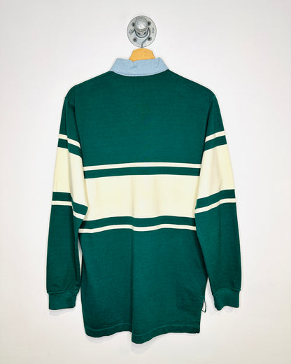 Vintage 1990s Denim Collared Green And Cream Long Sleeve Polo Shirt