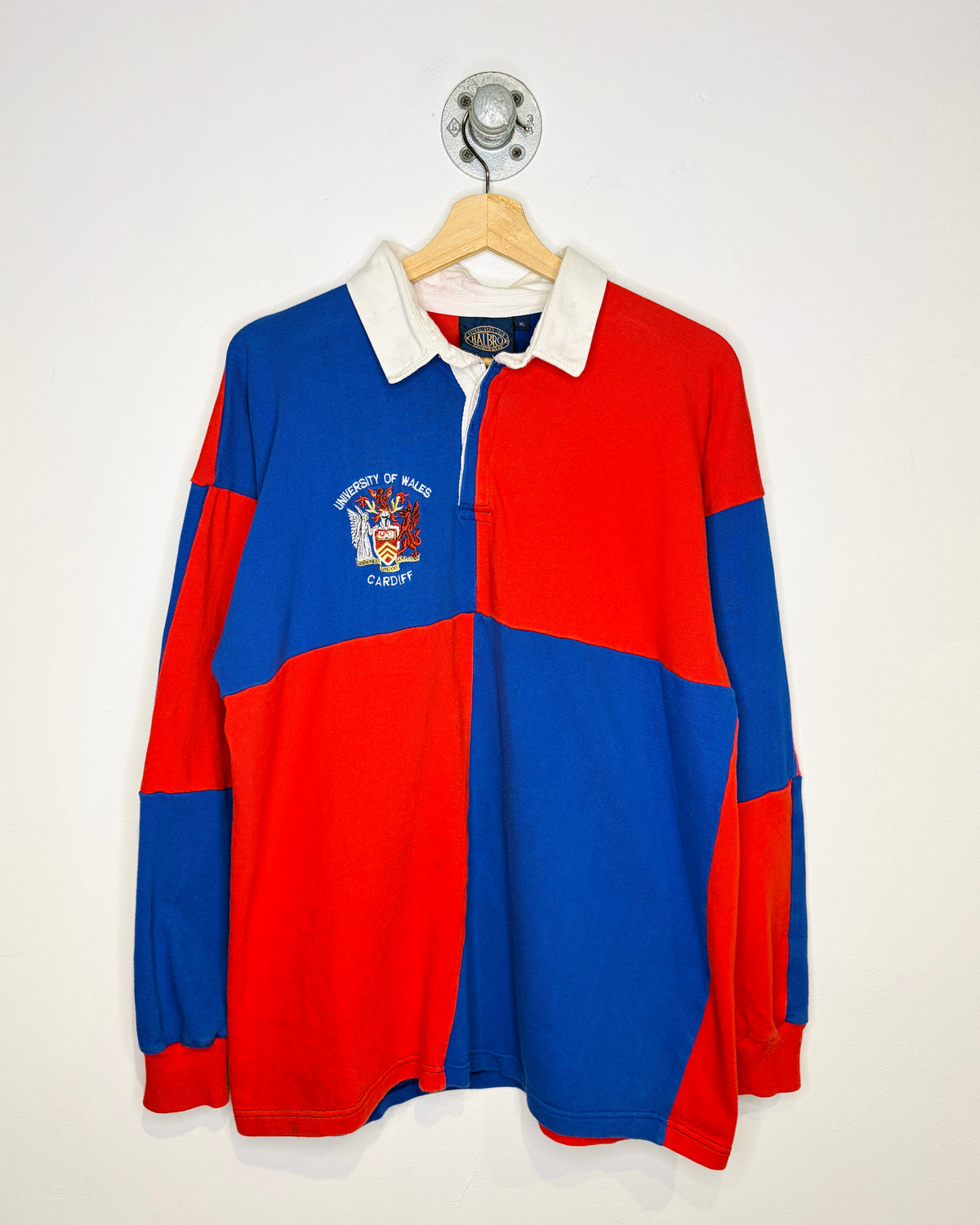 Vintage 1990s University Of Wales Cardiff Red And Blue Colour Blocked Long Sleeve Polo Shirt