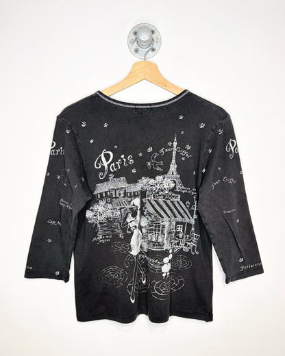 Y2K Women’s Paris France Black Contrast Stitch V-Neck Shirt