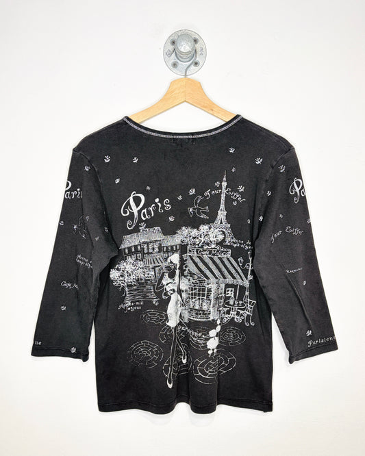 Y2K Women’s Paris France Black Contrast Stitch V-Neck Shirt