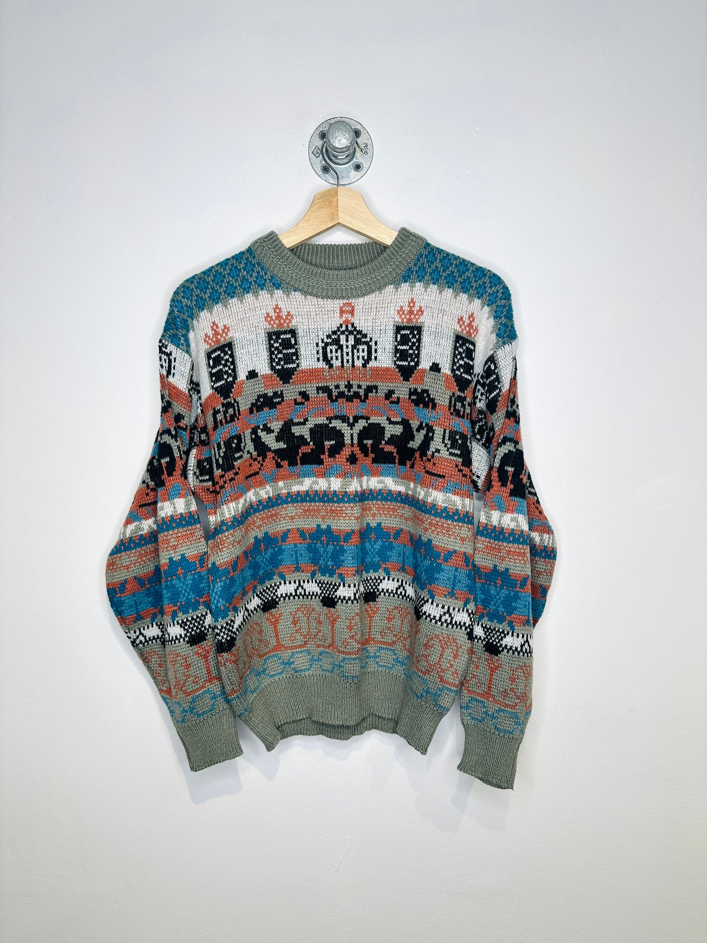 Vintage 2000s Saturdays Aztec Printed Orange And Turquoise Crewneck Sweater