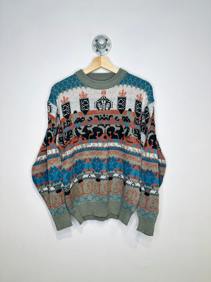 Vintage 2000s Saturdays Aztec Printed Orange And Turquoise Crewneck Sweater