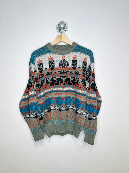Vintage 2000s Saturdays Aztec Printed Orange And Turquoise Crewneck Sweater