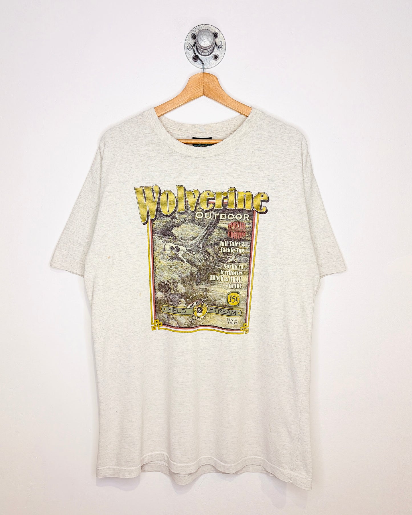 Vintage 90s Wolverine Outdoors Field & Stream Distressed Grey Tee Shirt