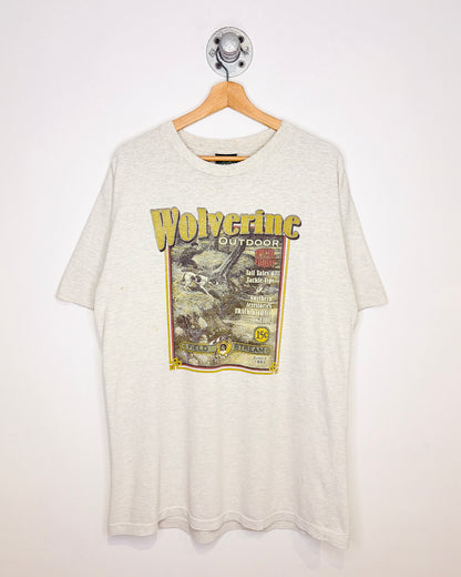 Vintage 90s Wolverine Outdoors Field & Stream Distressed Grey Tee Shirt