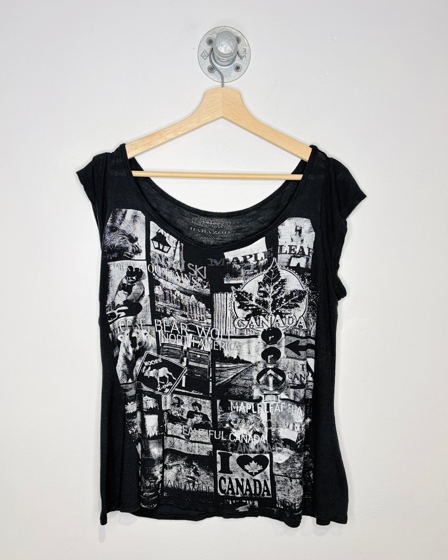Canada Rhinestone Graphic Print Black Women’s Short Sleeve Shirt