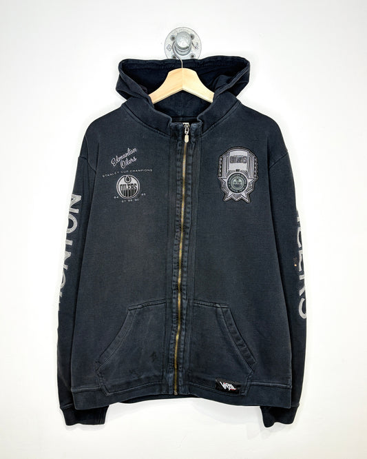 2000s Edmonton Oilers Stanley Cup Champs Faded Black Zip Up Hoodie
