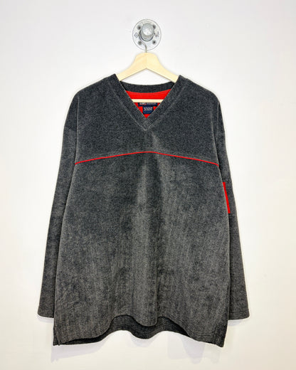Vintage 90s/Y2K Faded Glory Grey & Red Fleece V-Neck Sweater