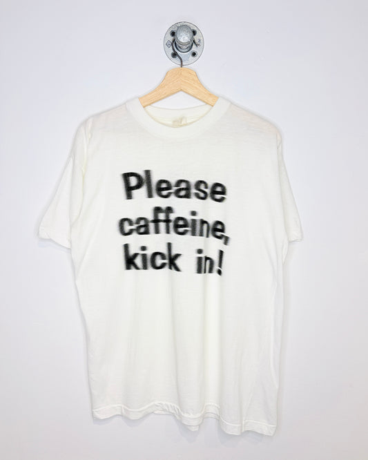 Vintage 90s “Please Caffeine Kick In!” Paper Thin White Tee Shirt