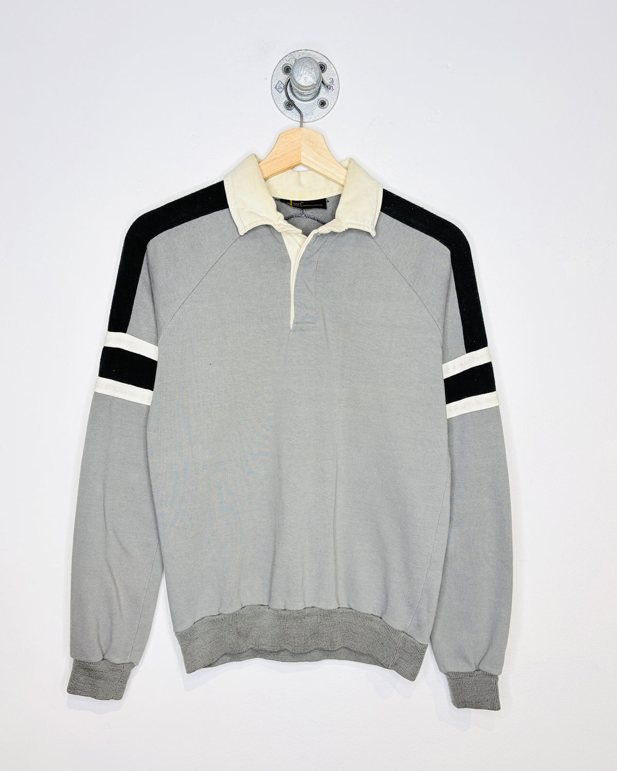 Vintage 1980s Days Grey And Black Long Sleeve Polo Shirt with Cream Collar