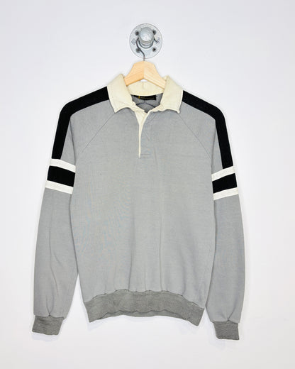 Vintage 1980s Days Grey And Black Long Sleeve Polo Shirt with Cream Collar